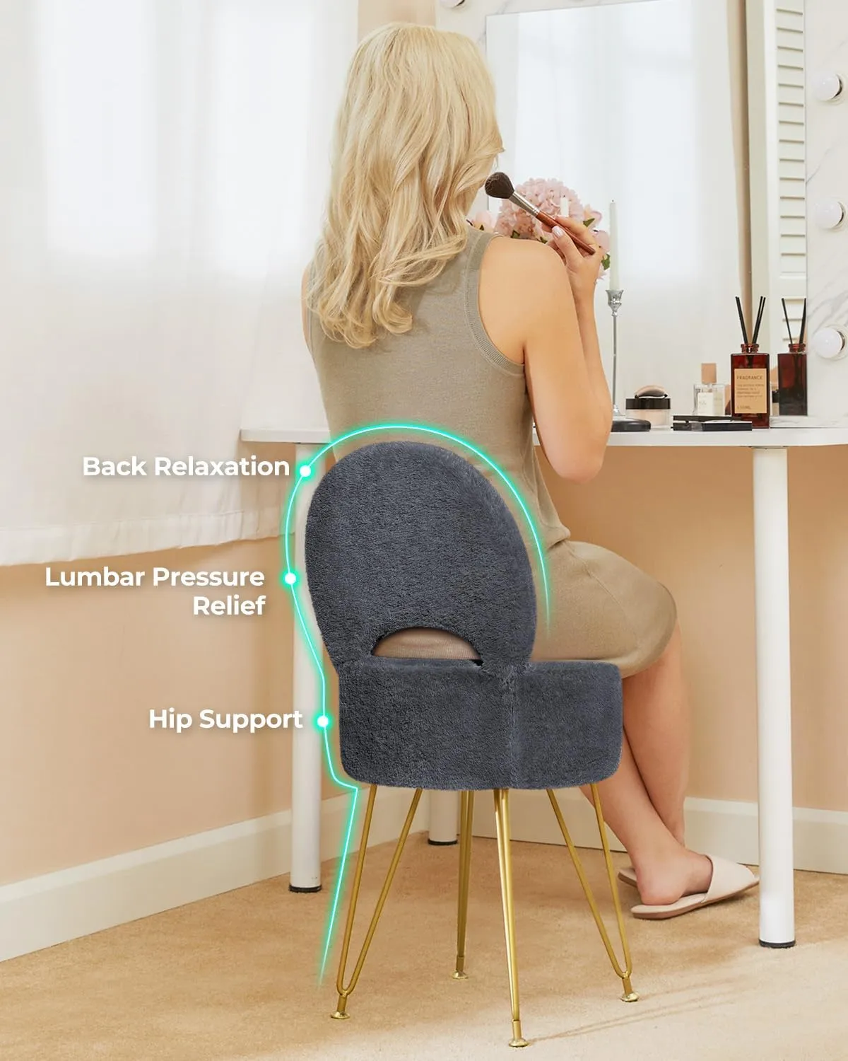 GREENSTELL Small Vanity Stool Chair with Storage and Folding Back, 13" x 13" x 17.7" Faux Fur Soft Ottoman for Teenager, 4 Metal Legs with Anti-Slip Feet, Furry Padded Seat for Makeup, Bedroom, Grey