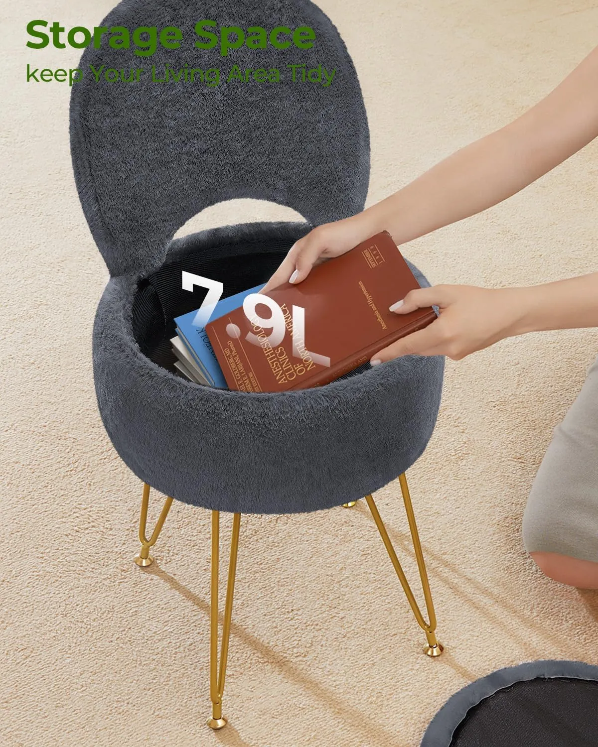 GREENSTELL Small Vanity Stool Chair with Storage and Folding Back, 13" x 13" x 17.7" Faux Fur Soft Ottoman for Teenager, 4 Metal Legs with Anti-Slip Feet, Furry Padded Seat for Makeup, Bedroom, Grey