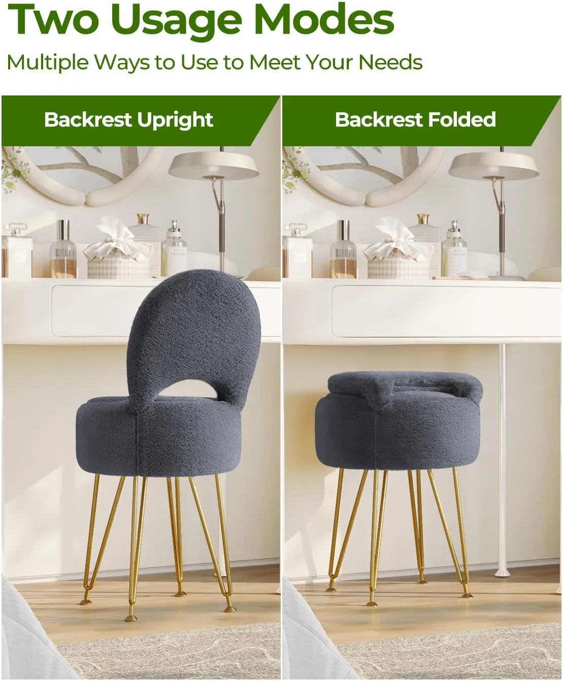 GREENSTELL Small Vanity Stool Chair with Storage and Folding Back, 13" x 13" x 17.7" Faux Fur Soft Ottoman for Teenager, 4 Metal Legs with Anti-Slip Feet, Furry Padded Seat for Makeup, Bedroom, Grey