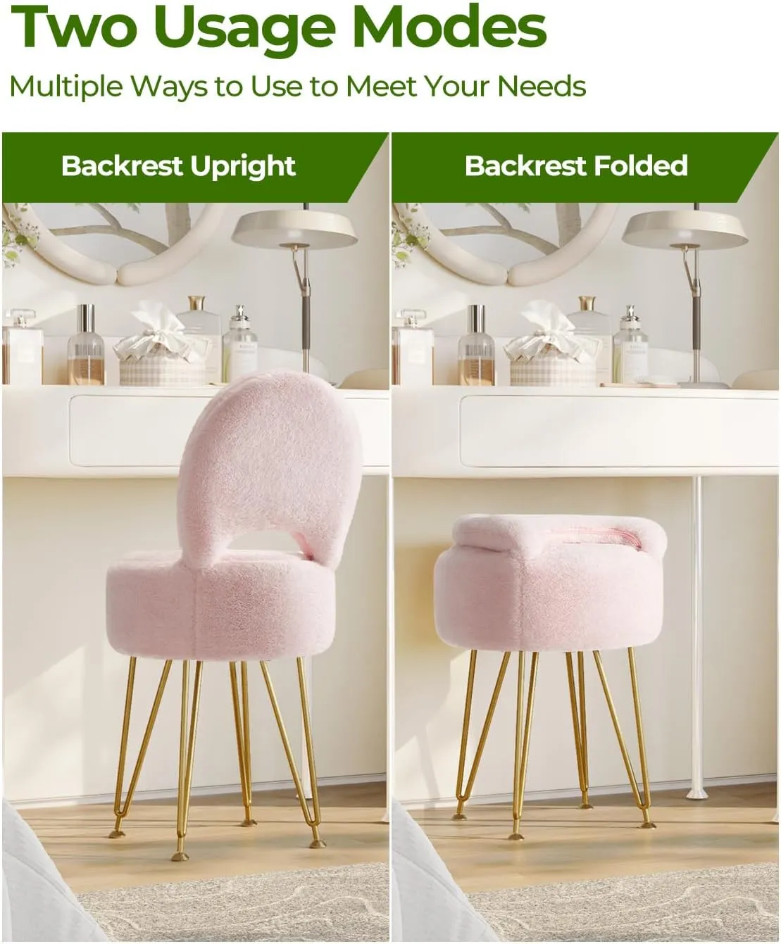 GREENSTELL Small Vanity Stool Chair with Storage and Folding Back, 13" x 13" x 17.7" Faux Fur Soft Ottoman for Teenager, 4 Metal Legs with Anti-Slip Feet, Furry Padded Seat for Makeup, Bedroom, Pink