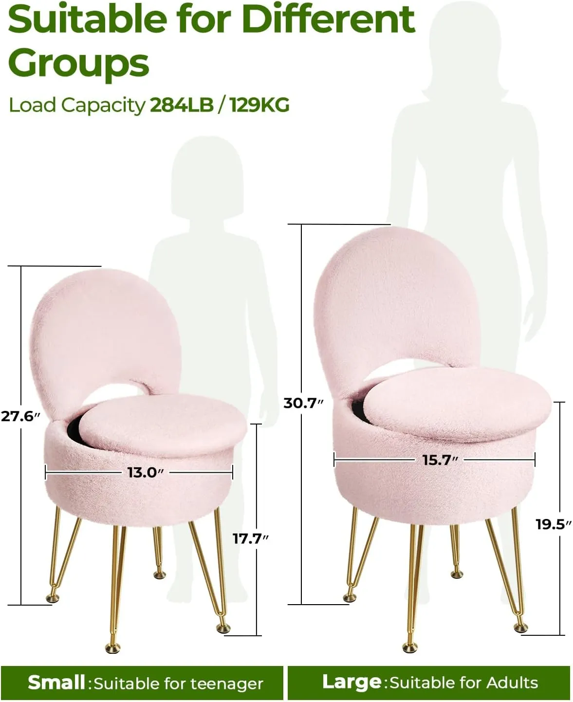 GREENSTELL Small Vanity Stool Chair with Storage and Folding Back, 13" x 13" x 17.7" Faux Fur Soft Ottoman for Teenager, 4 Metal Legs with Anti-Slip Feet, Furry Padded Seat for Makeup, Bedroom, Pink