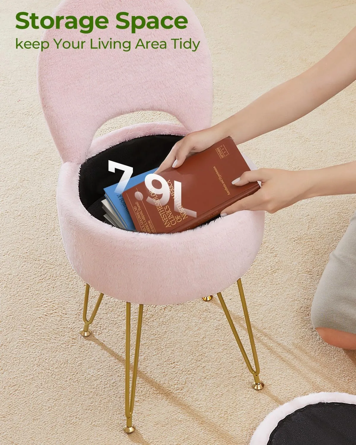 GREENSTELL Small Vanity Stool Chair with Storage and Folding Back, 13" x 13" x 17.7" Faux Fur Soft Ottoman for Teenager, 4 Metal Legs with Anti-Slip Feet, Furry Padded Seat for Makeup, Bedroom, Pink