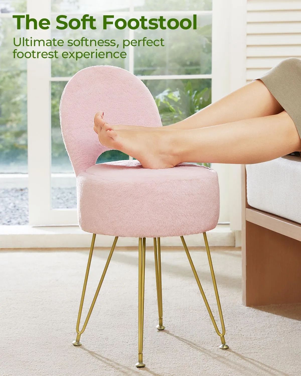 GREENSTELL Small Vanity Stool Chair with Storage and Folding Back, 13" x 13" x 17.7" Faux Fur Soft Ottoman for Teenager, 4 Metal Legs with Anti-Slip Feet, Furry Padded Seat for Makeup, Bedroom, Pink