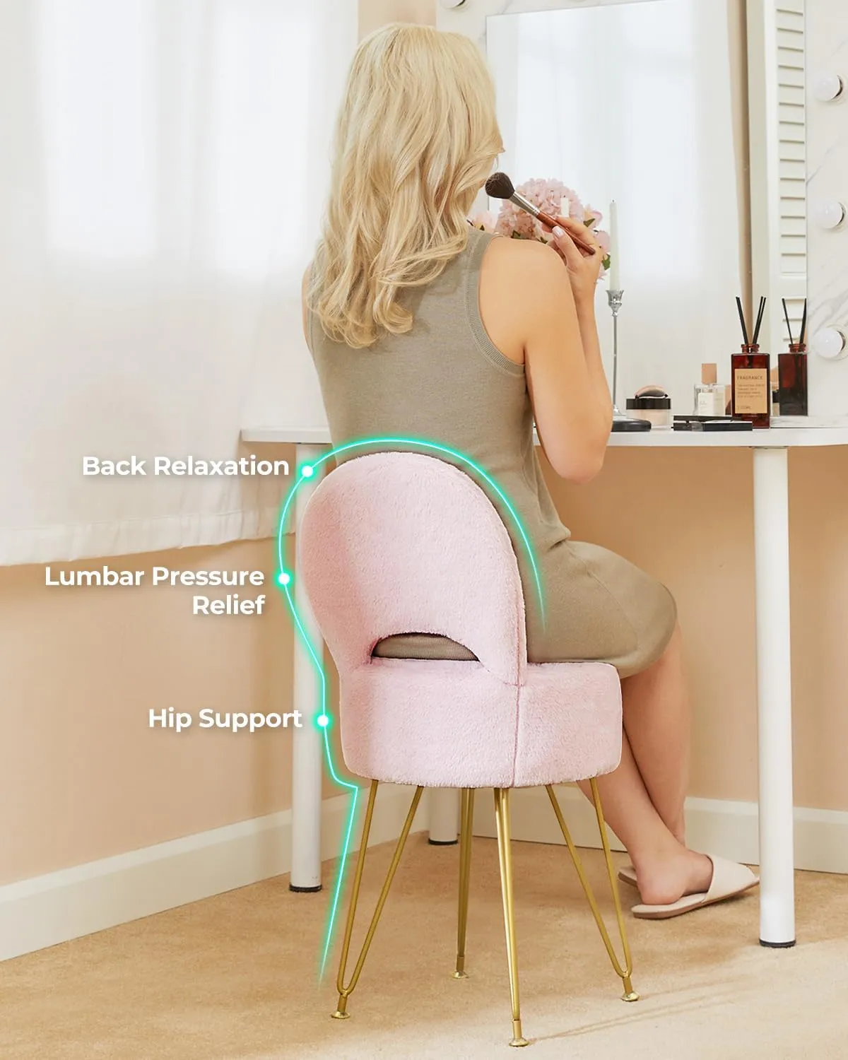 GREENSTELL Small Vanity Stool Chair with Storage and Folding Back, 13" x 13" x 17.7" Faux Fur Soft Ottoman for Teenager, 4 Metal Legs with Anti-Slip Feet, Furry Padded Seat for Makeup, Bedroom, Pink