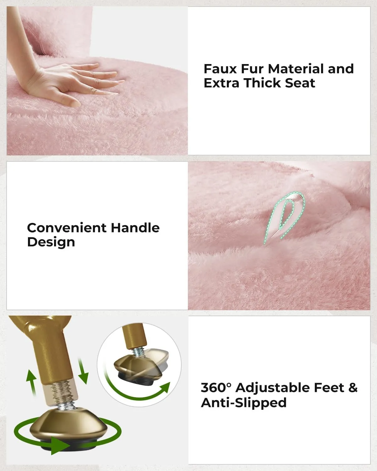 GREENSTELL Small Vanity Stool Chair with Storage and Folding Back, 13" x 13" x 17.7" Faux Fur Soft Ottoman for Teenager, 4 Metal Legs with Anti-Slip Feet, Furry Padded Seat for Makeup, Bedroom, Pink