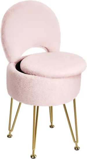 GREENSTELL Small Vanity Stool Chair with Storage and Folding Back, 13" x 13" x 17.7" Faux Fur Soft Ottoman for Teenager, 4 Metal Legs with Anti-Slip Feet, Furry Padded Seat for Makeup, Bedroom, Pink