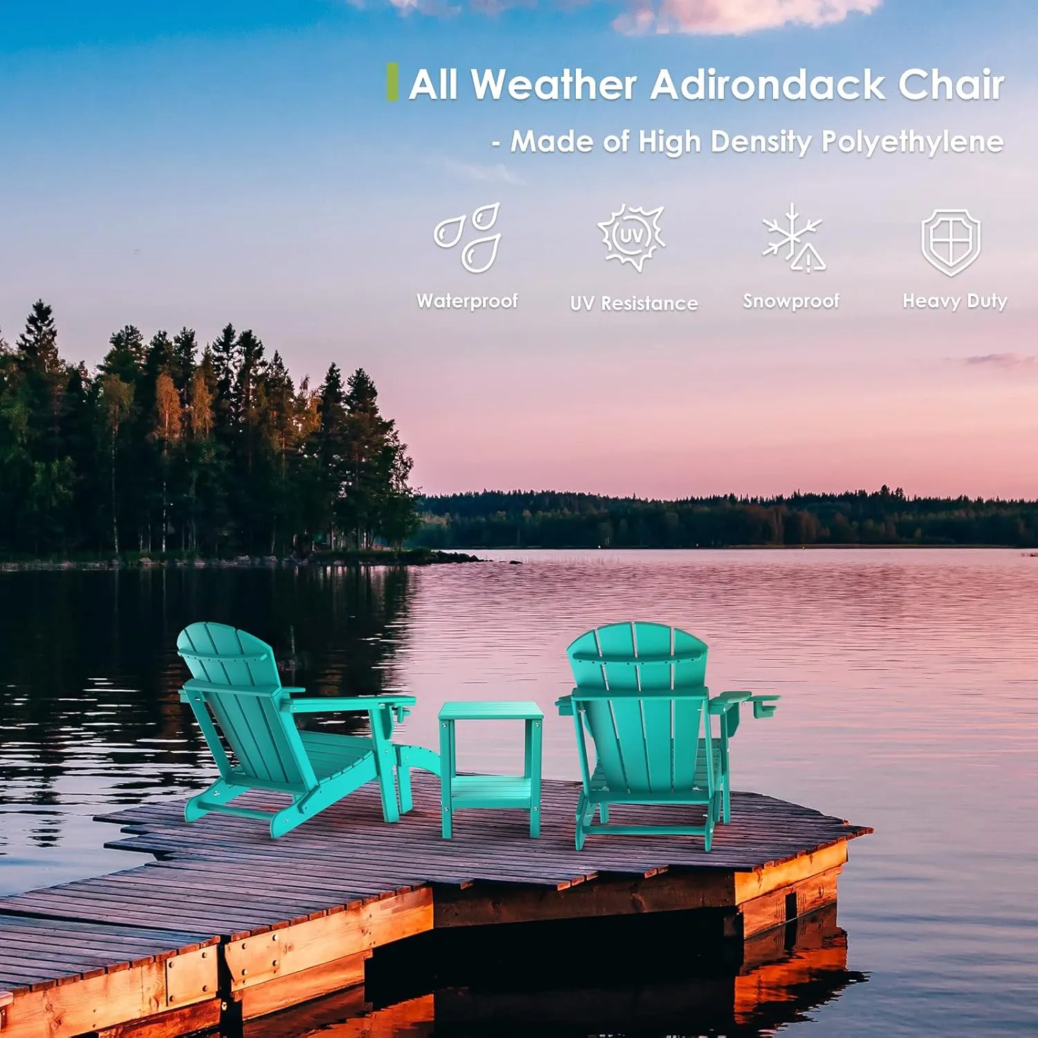 GREENVINES Folding-Adirondack-Chairs-Set-of-2 | HDPE Plastic | Fire Pit Chair | All Weather | Cup Holder | Aqua | for Deck Backyard Patio Outdoor Garden