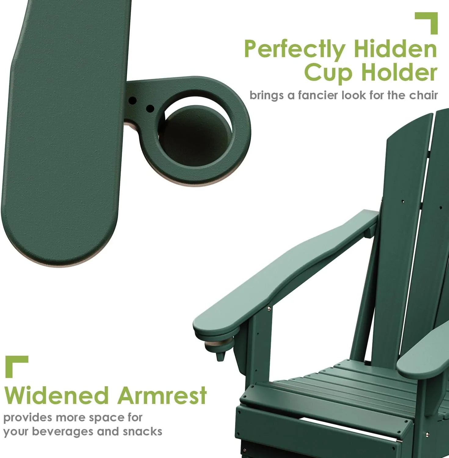 GREENVINES Folding-Adirondack-Chairs-Set-of-2 | HDPE Plastic | Fire Pit Chair | All Weather | Cup Holder | Forest | for Deck Backyard Patio Outdoor Garden