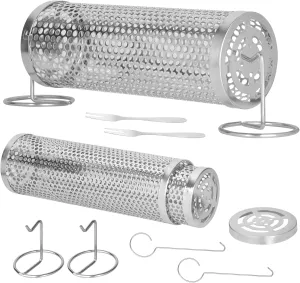 Grill Basket - 2 PCS Round Stainless Steel Grill Mesh, Rolling Grill Baskets for Outdoor Grill, Barbecue Grill Accessories, Portable Grill Nets, Camping Picnic Cookware for Meat Barbecue