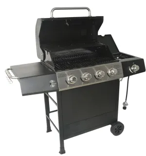 Grill Boss 4 Burner Propane Gas Grill, Portable BBQ w/Lid, Wheels & Side Shelves, Black - Grilling Accessories and Equipment for Camping, Tailgating, Outdoor Barbecue and Cooking