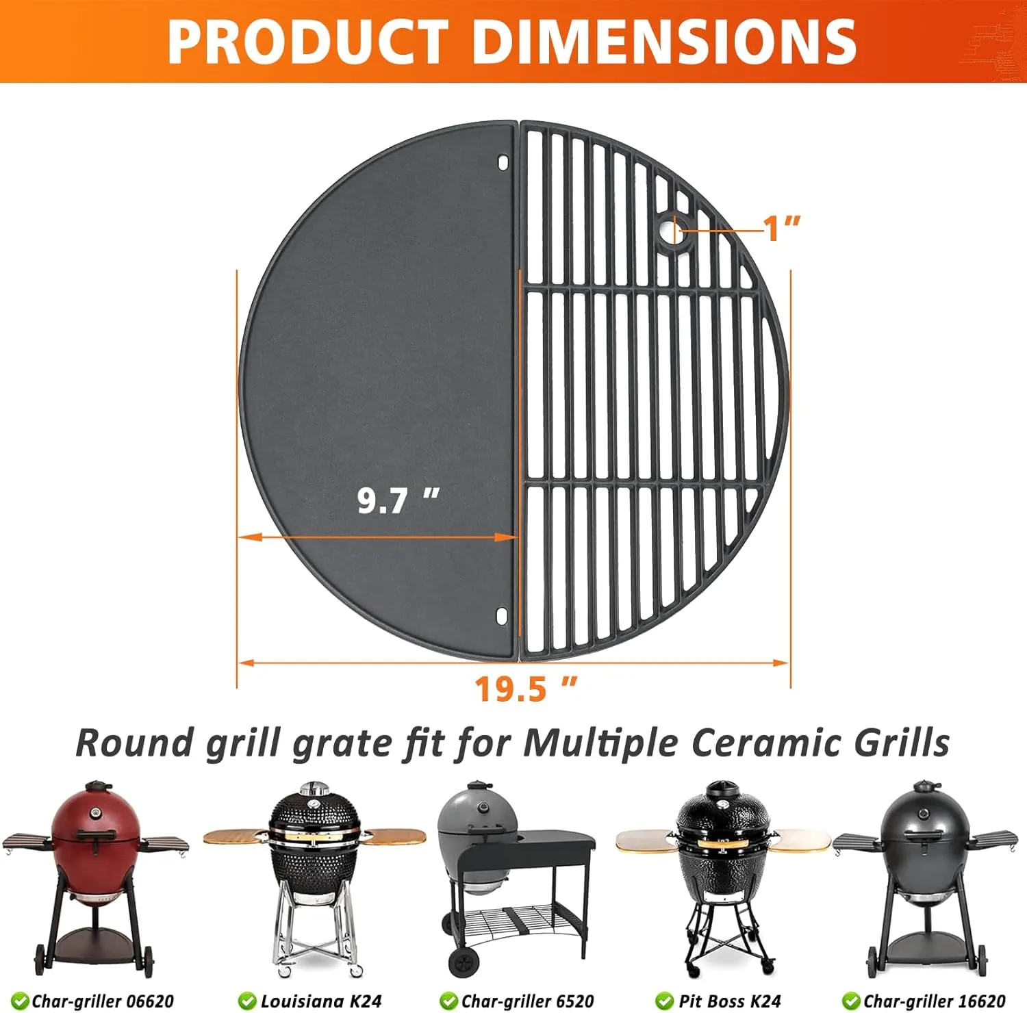 GRISUN 19.5" Cast Iron Upgraded Round Grill Grates for Akorn Kamado Ceramic Grill, Pit Boss K24, Louisiana Grills K24, Char-Griller 16620, Cooking Grates Griddle Combo for Grilling and Griddle
