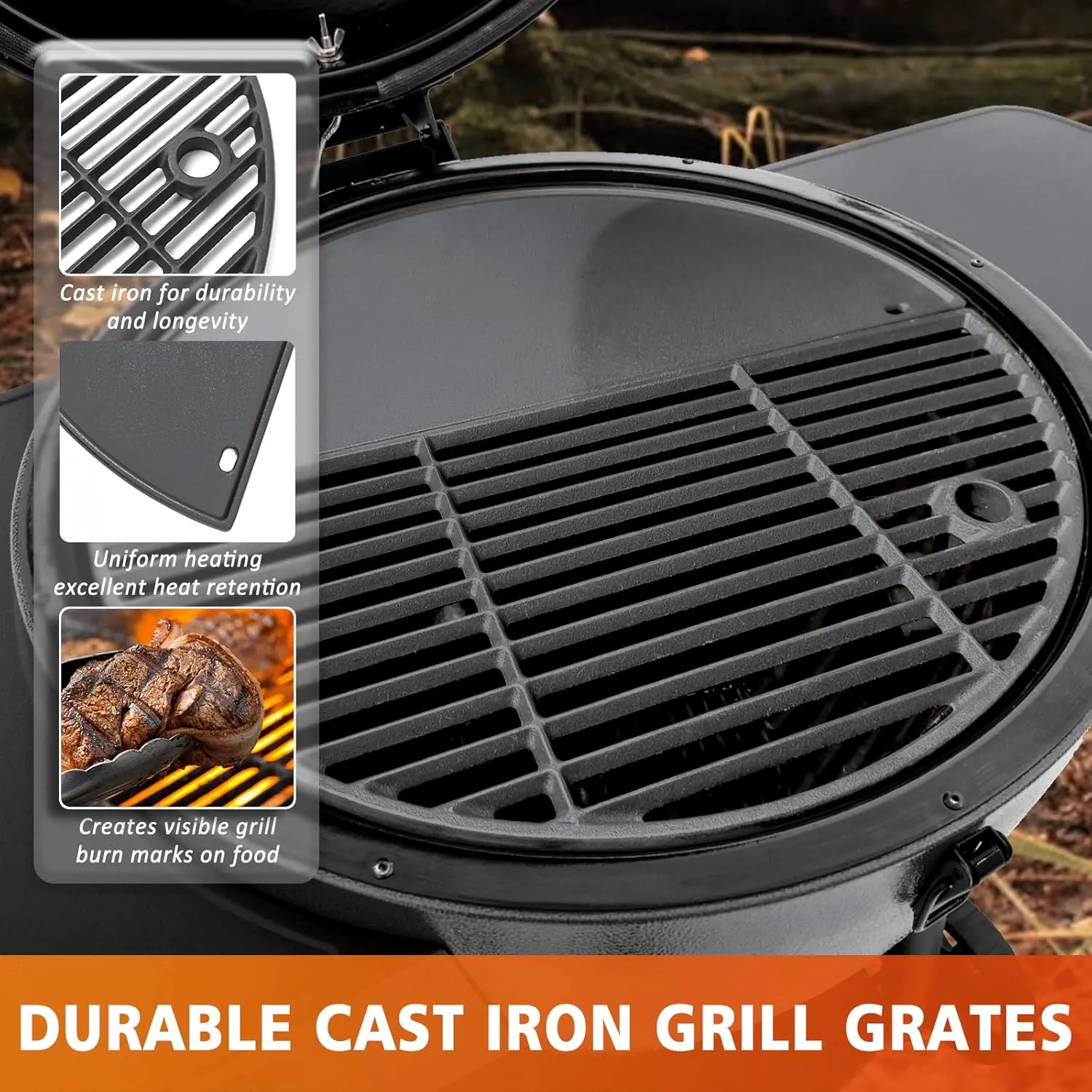 GRISUN 19.5" Cast Iron Upgraded Round Grill Grates for Akorn Kamado Ceramic Grill, Pit Boss K24, Louisiana Grills K24, Char-Griller 16620, Cooking Grates Griddle Combo for Grilling and Griddle