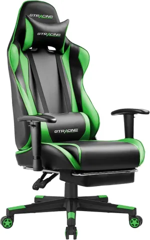GTRACING Gaming Chair with Footrest, Ergonomic Computer Game Desk Chair, Reclining Chair Seat Height Adjustment, Swivel Rocker with Headrest and Lumbar (Green)