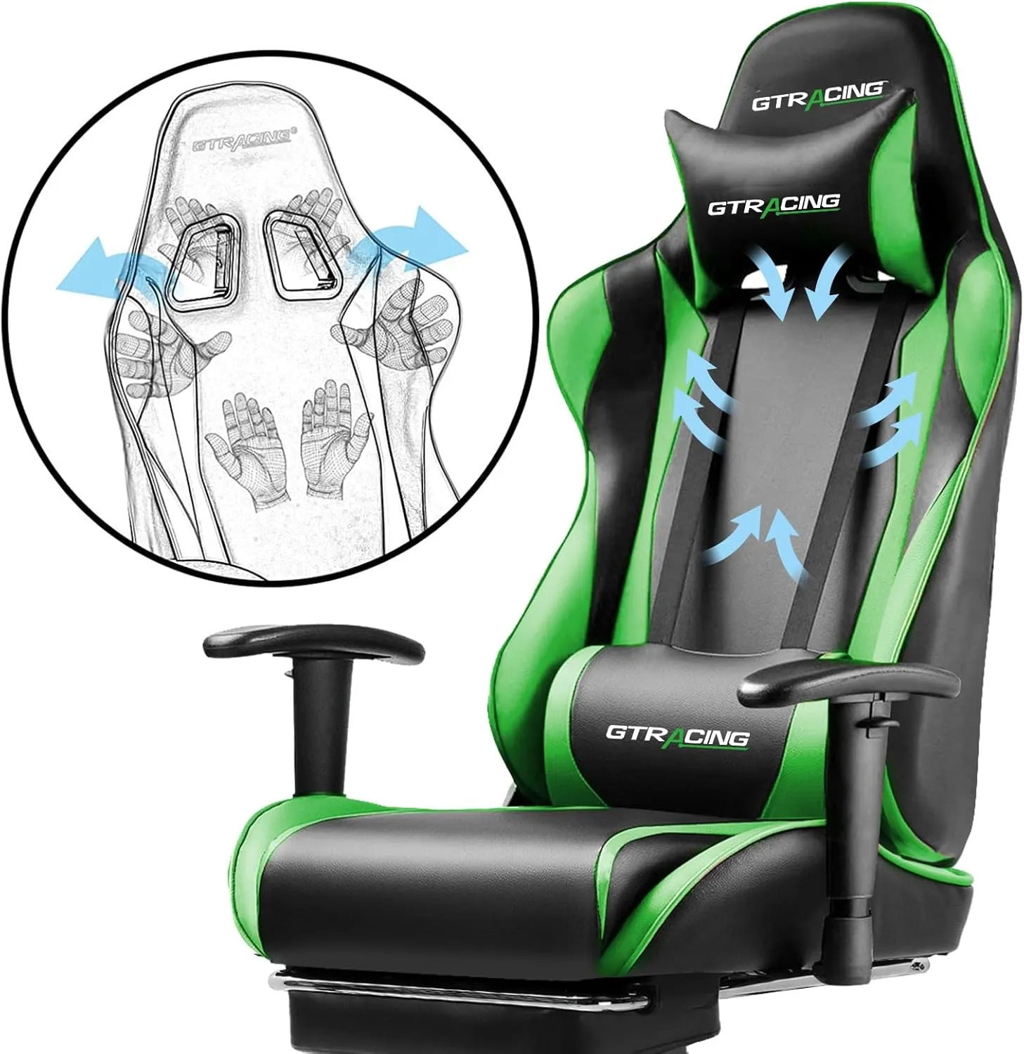 GTRACING Gaming Chair with Footrest, Ergonomic Computer Game Desk Chair, Reclining Chair Seat Height Adjustment, Swivel Rocker with Headrest and Lumbar (Green)
