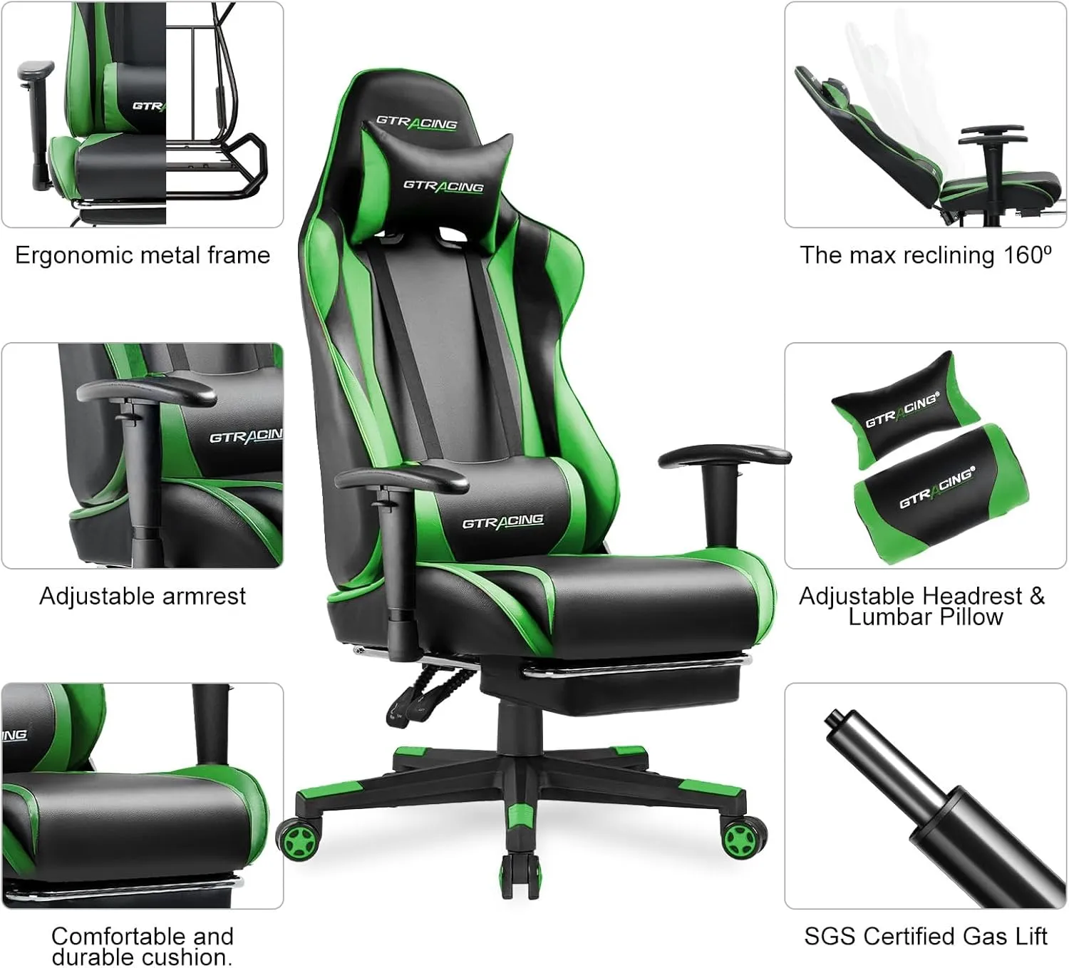 GTRACING Gaming Chair with Footrest, Ergonomic Computer Game Desk Chair, Reclining Chair Seat Height Adjustment, Swivel Rocker with Headrest and Lumbar (Green)