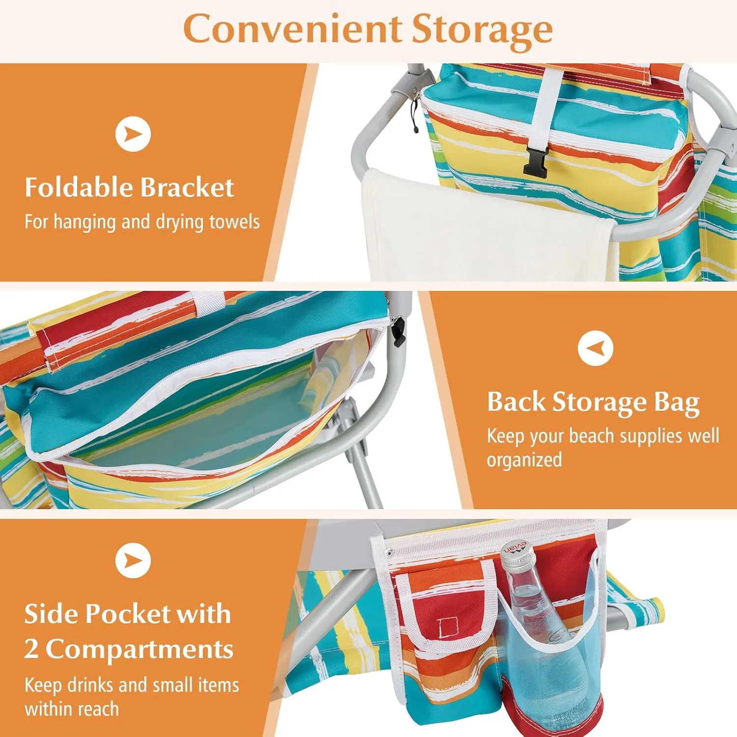 GYMAX Beach Chair, 330lbs Backpack Lounger with 5-Position Backrest, Storage Bag, Side Pocket, Towel Bar & Headrest, Foldable Low Beach Lounge, Portable Aluminum Lay Out Camp Chair (Colourful,1)