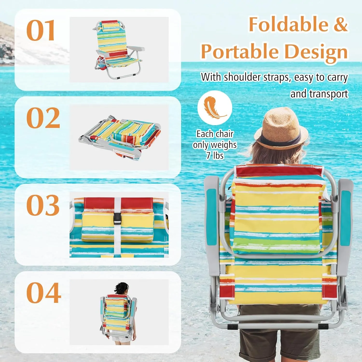 GYMAX Beach Chair, 330lbs Backpack Lounger with 5-Position Backrest, Storage Bag, Side Pocket, Towel Bar & Headrest, Foldable Low Beach Lounge, Portable Aluminum Lay Out Camp Chair (Colourful,1)