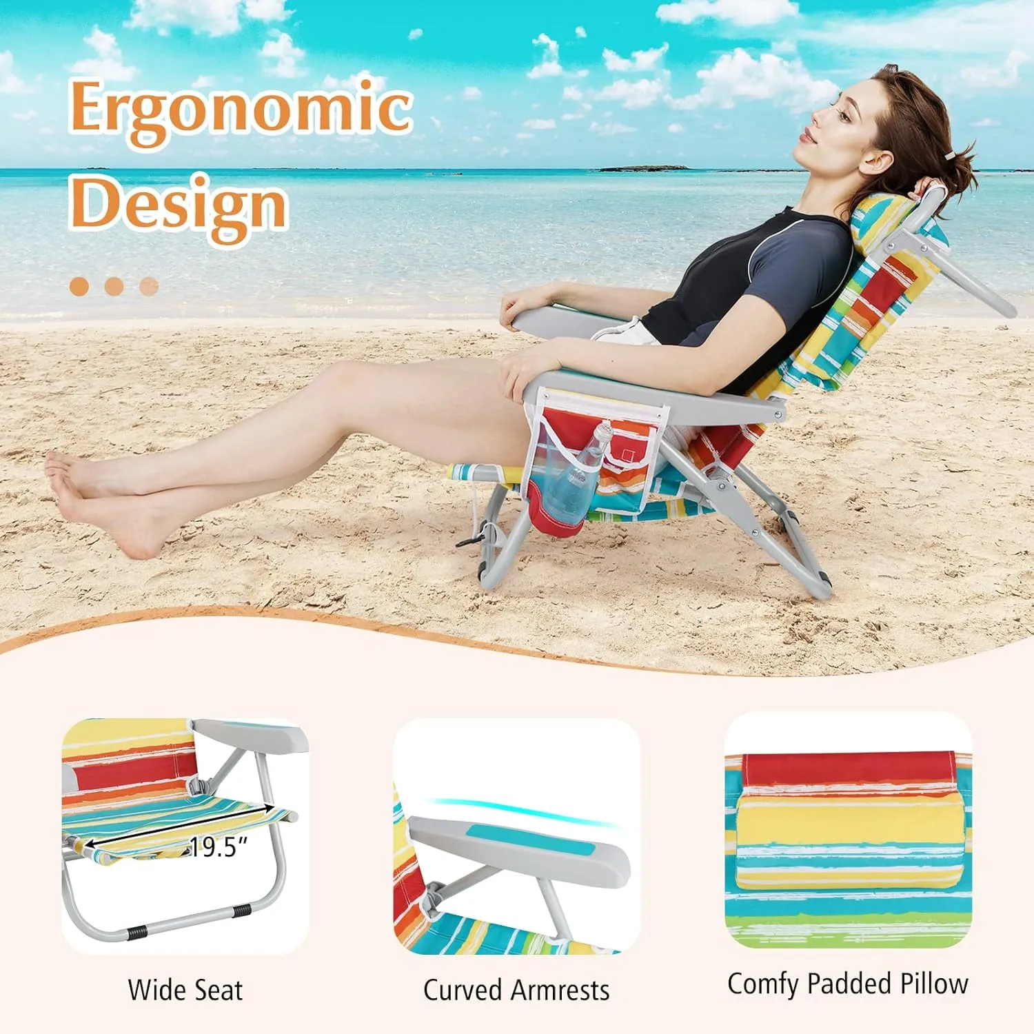 GYMAX Beach Chair, 330lbs Backpack Lounger with 5-Position Backrest, Storage Bag, Side Pocket, Towel Bar & Headrest, Foldable Low Beach Lounge, Portable Aluminum Lay Out Camp Chair (Colourful,1)