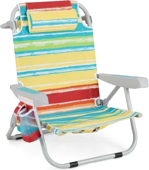 GYMAX Beach Chair, 330lbs Backpack Lounger with 5-Position Backrest, Storage Bag, Side Pocket, Towel Bar & Headrest, Foldable Low Beach Lounge, Portable Aluminum Lay Out Camp Chair (Colourful,1)