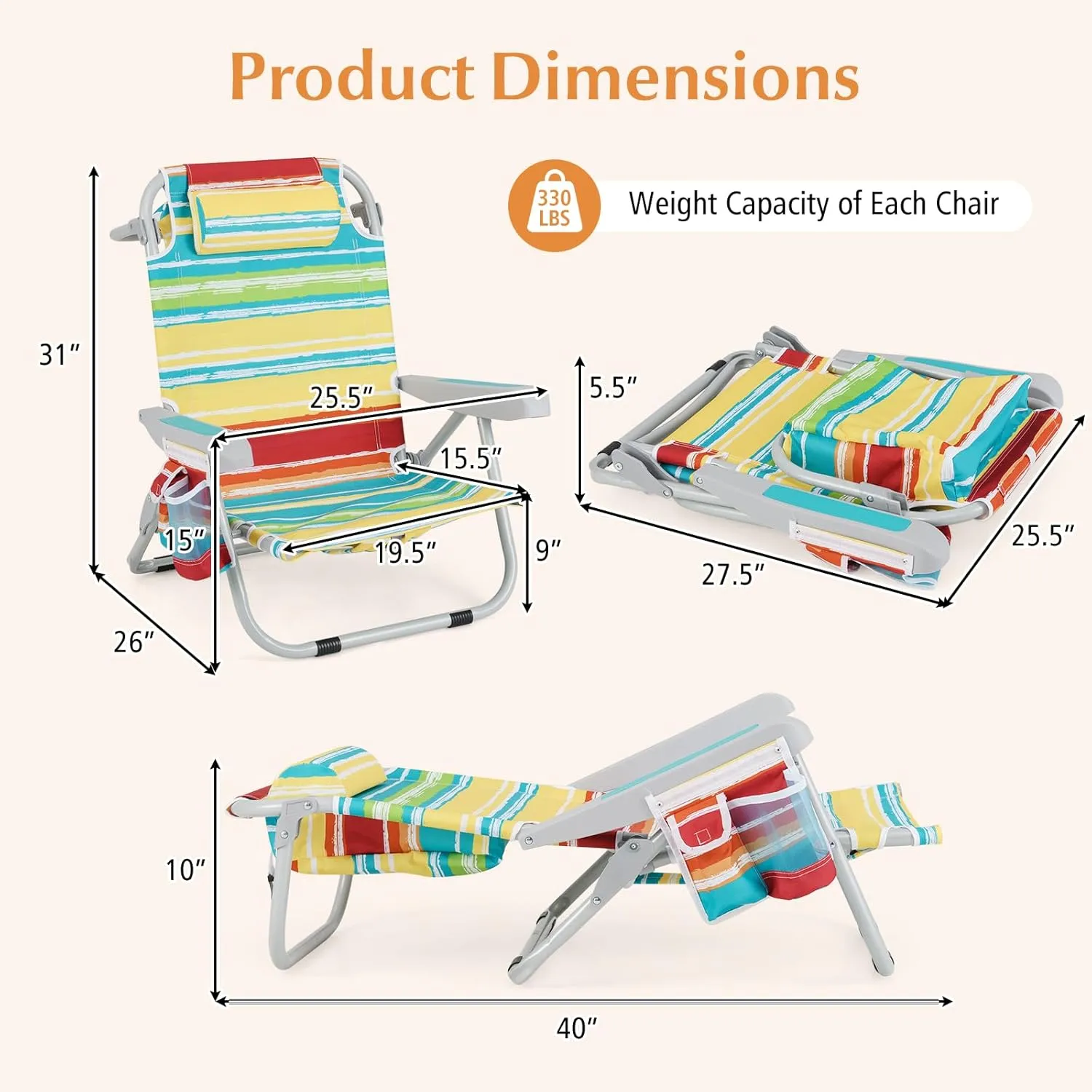 GYMAX Beach Chair, 330lbs Backpack Lounger with 5-Position Backrest, Storage Bag, Side Pocket, Towel Bar & Headrest, Foldable Low Beach Lounge, Portable Aluminum Lay Out Camp Chair (Colourful,1)