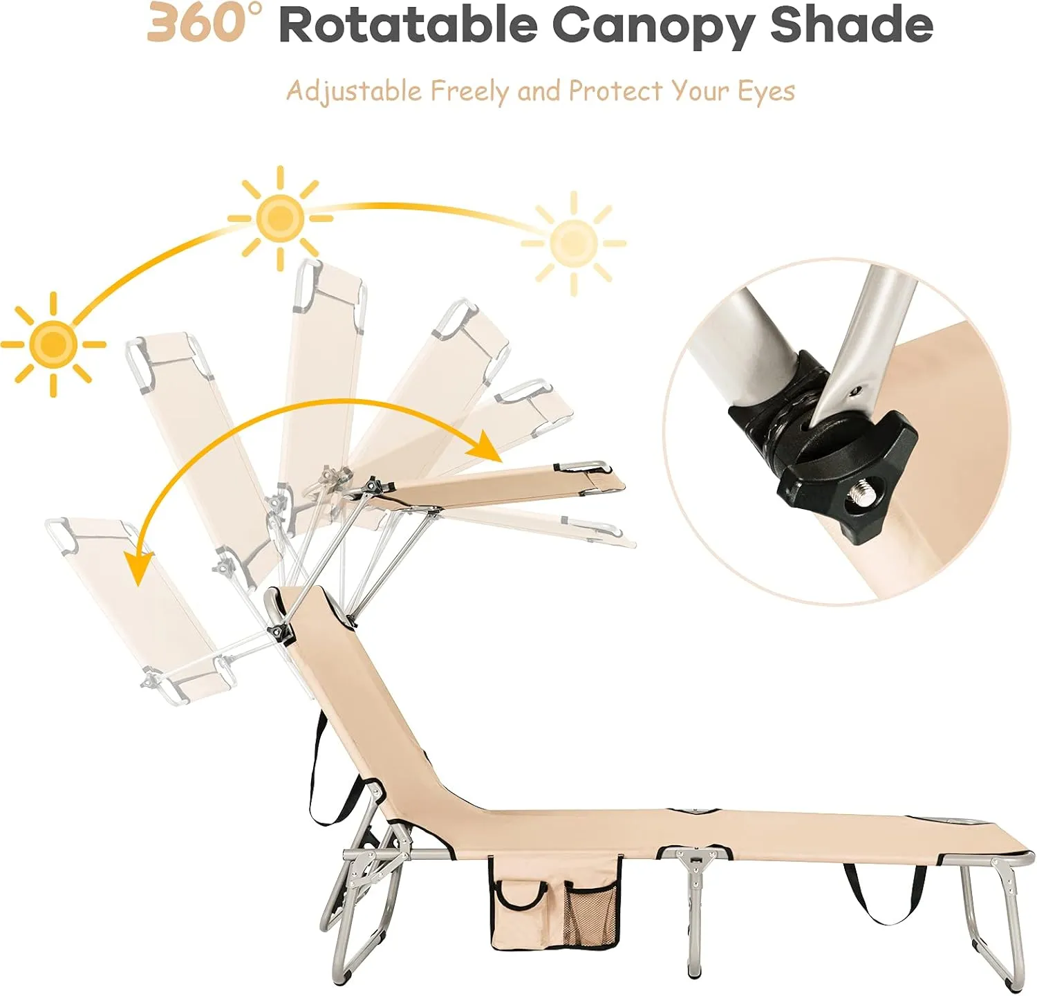 GYMAX Beach Chair with Canopy Shade, Folding Tanning Lounge with Adjustable Backrest, Carry Handle & Side Pocket, Sunbathing Chair for Outside, Patio, Poolside, Lawn (1, Beige)