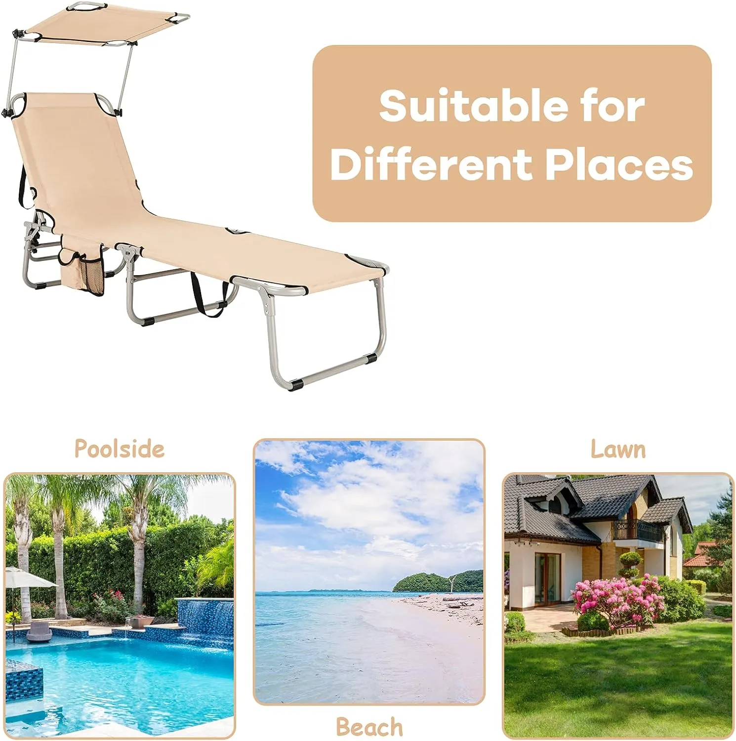 GYMAX Beach Chair with Canopy Shade, Folding Tanning Lounge with Adjustable Backrest, Carry Handle & Side Pocket, Sunbathing Chair for Outside, Patio, Poolside, Lawn (1, Beige)