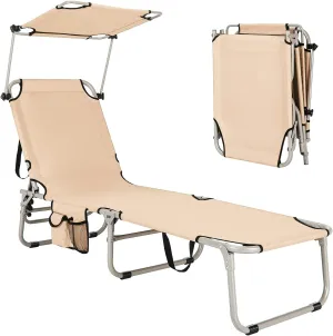 GYMAX Beach Chair with Canopy Shade, Folding Tanning Lounge with Adjustable Backrest, Carry Handle & Side Pocket, Sunbathing Chair for Outside, Patio, Poolside, Lawn (1, Beige)