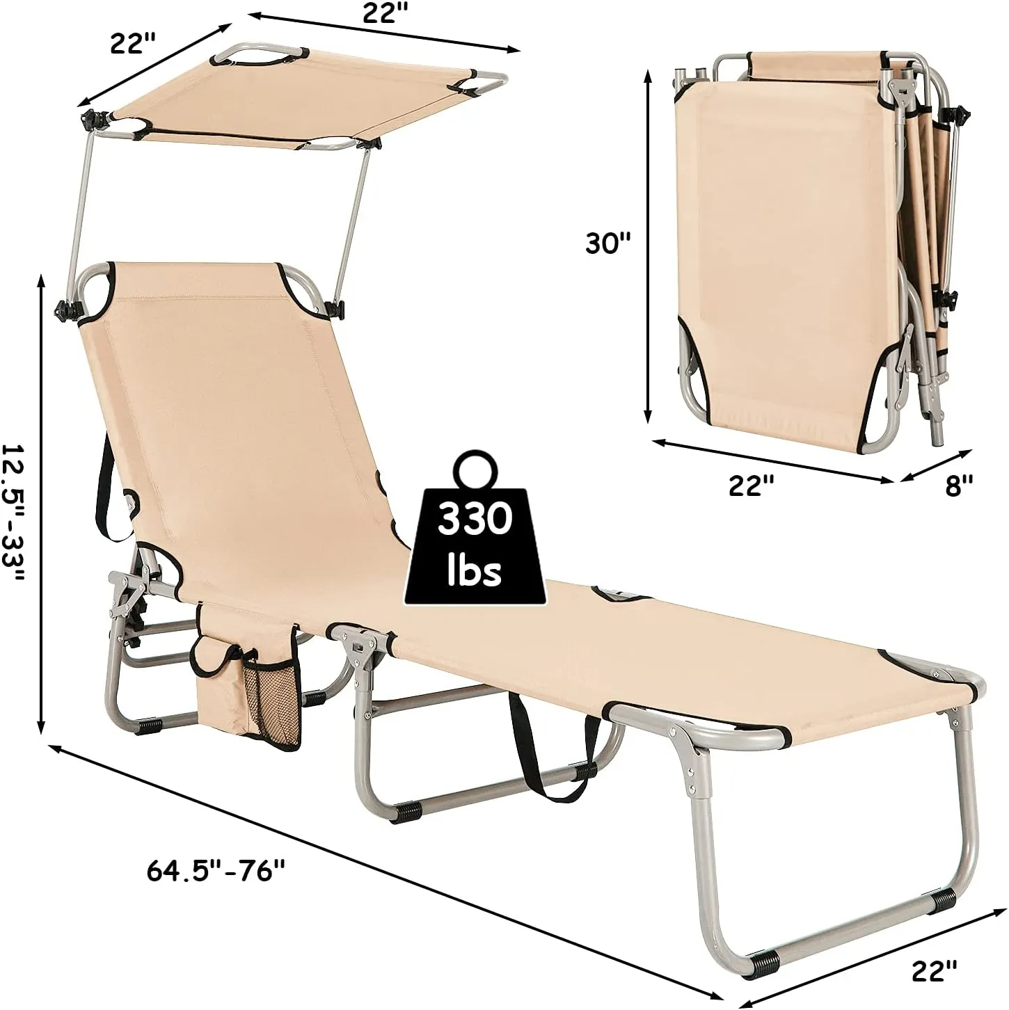 GYMAX Beach Chair with Canopy Shade, Folding Tanning Lounge with Adjustable Backrest, Carry Handle & Side Pocket, Sunbathing Chair for Outside, Patio, Poolside, Lawn (1, Beige)