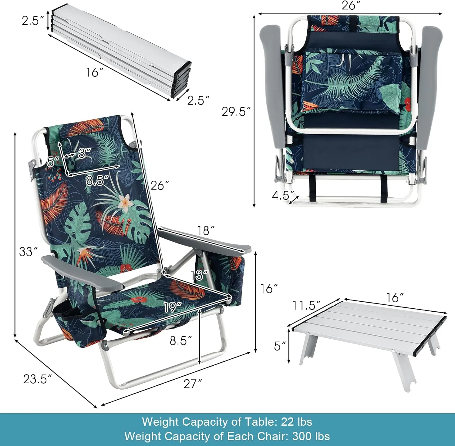 GYMAX Beach Chairs, 2-Pack Backpack Camping Chair with Armrest, Cooler Bag, Cup Holder, Towel Bar & Side Pockets, Sunbath Sling Tanning Lounge, Folding Layout Chair (with Table, Flower)