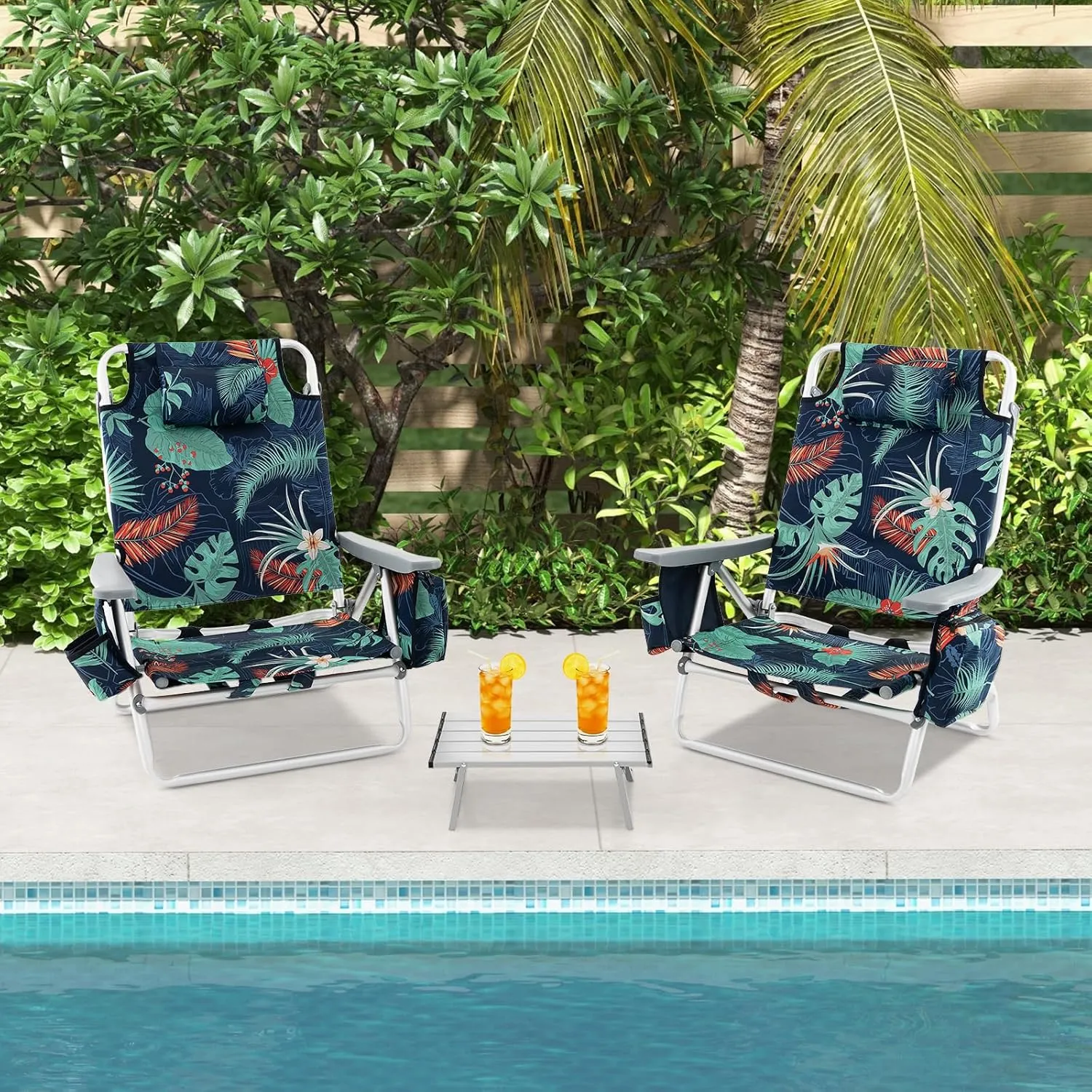 GYMAX Beach Chairs, 2-Pack Backpack Camping Chair with Armrest, Cooler Bag, Cup Holder, Towel Bar & Side Pockets, Sunbath Sling Tanning Lounge, Folding Layout Chair (with Table, Flower)