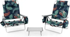 GYMAX Beach Chairs, 2-Pack Backpack Camping Chair with Armrest, Cooler Bag, Cup Holder, Towel Bar & Side Pockets, Sunbath Sling Tanning Lounge, Folding Layout Chair (with Table, Flower)