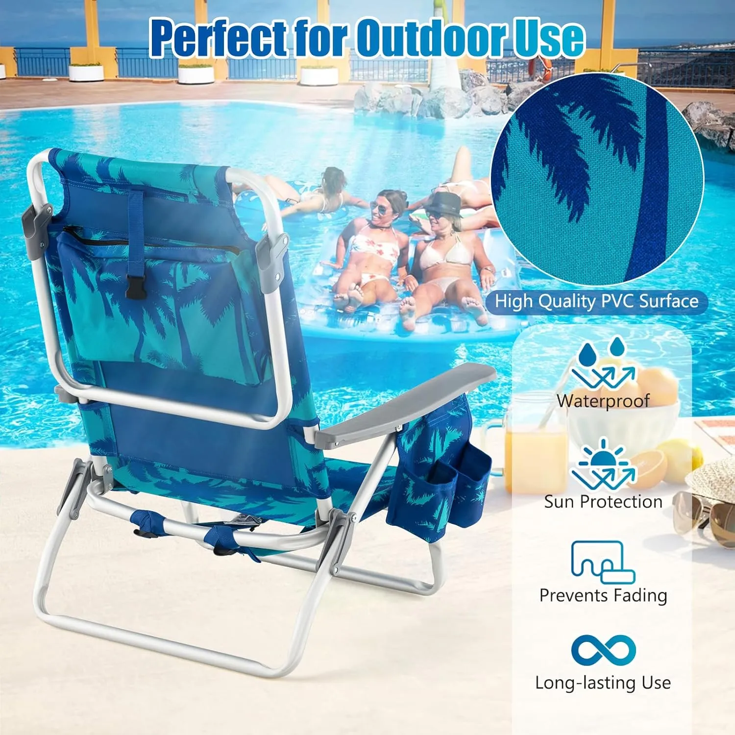 GYMAX Beach Chairs, 2-Pack Backpack Camping Chair with Armrest, Cooler Bag, Cup Holder, Towel Bar & Side Pockets, Sunbath Sling Tanning Lounge, Folding Layout Chair (Without Table, Coconut Tree)
