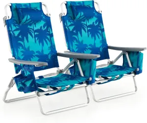 GYMAX Beach Chairs, 2-Pack Backpack Camping Chair with Armrest, Cooler Bag, Cup Holder, Towel Bar & Side Pockets, Sunbath Sling Tanning Lounge, Folding Layout Chair (Without Table, Coconut Tree)