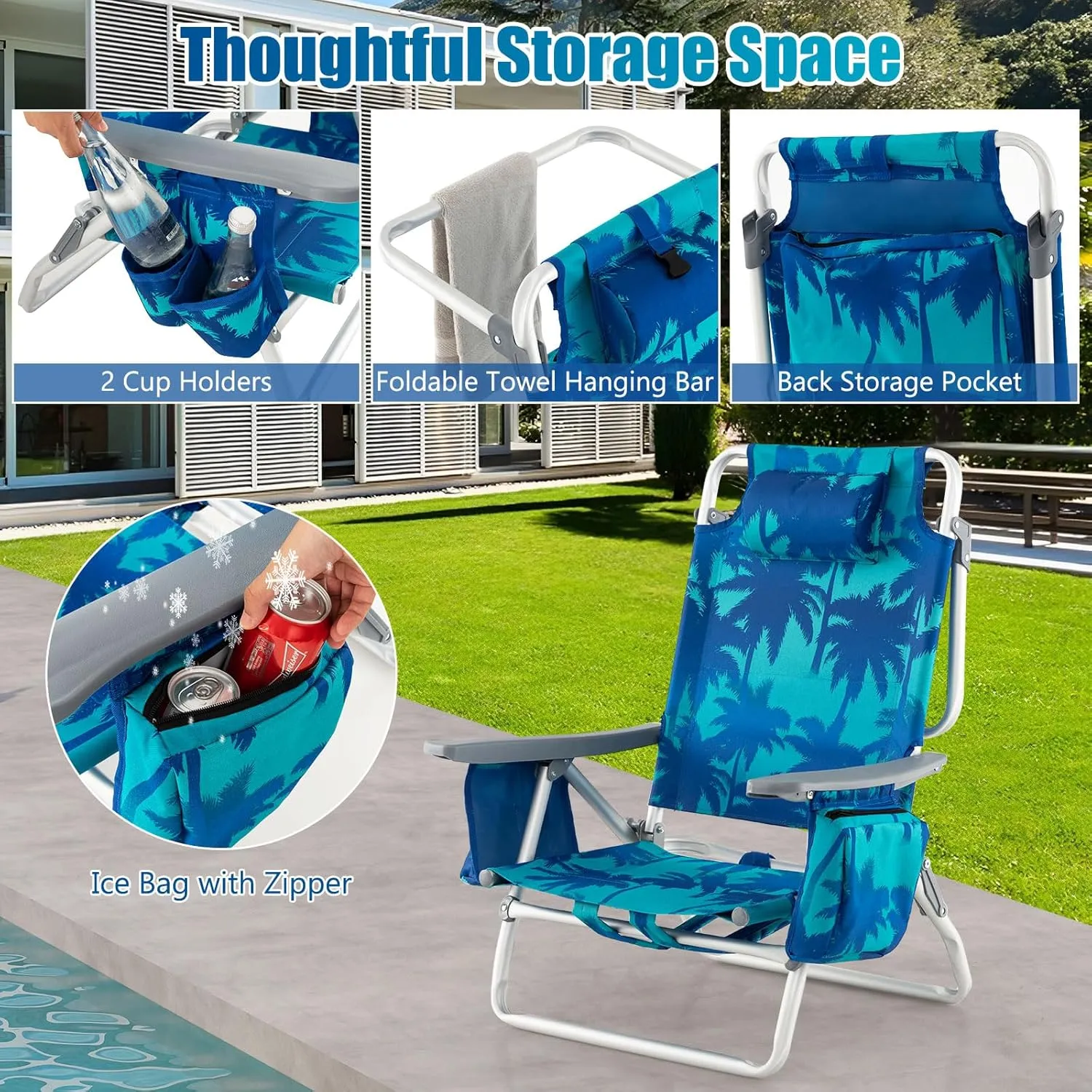 GYMAX Beach Chairs, 2-Pack Backpack Camping Chair with Armrest, Cooler Bag, Cup Holder, Towel Bar & Side Pockets, Sunbath Sling Tanning Lounge, Folding Layout Chair (Without Table, Coconut Tree)