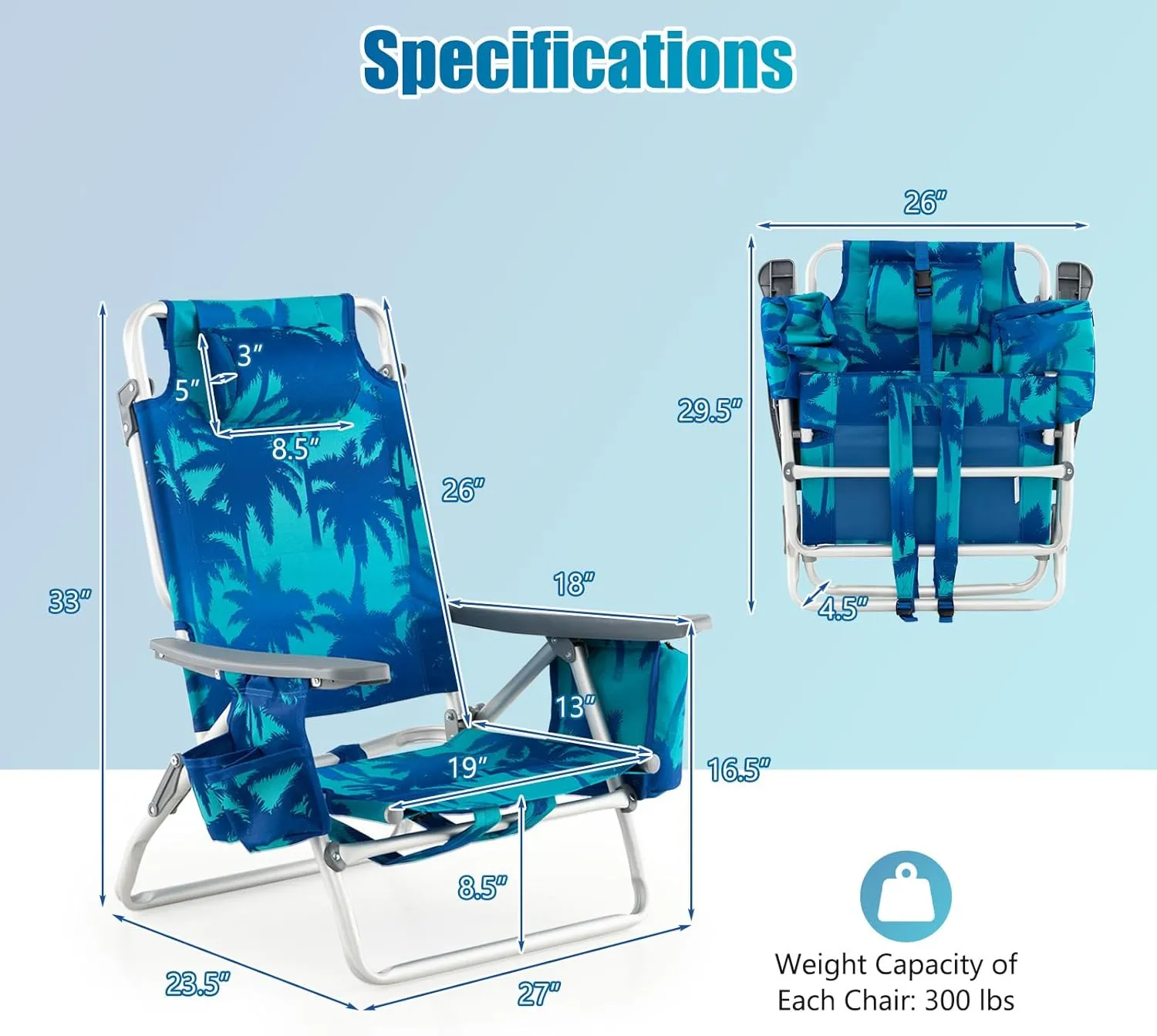 GYMAX Beach Chairs, 2-Pack Backpack Camping Chair with Armrest, Cooler Bag, Cup Holder, Towel Bar & Side Pockets, Sunbath Sling Tanning Lounge, Folding Layout Chair (Without Table, Coconut Tree)
