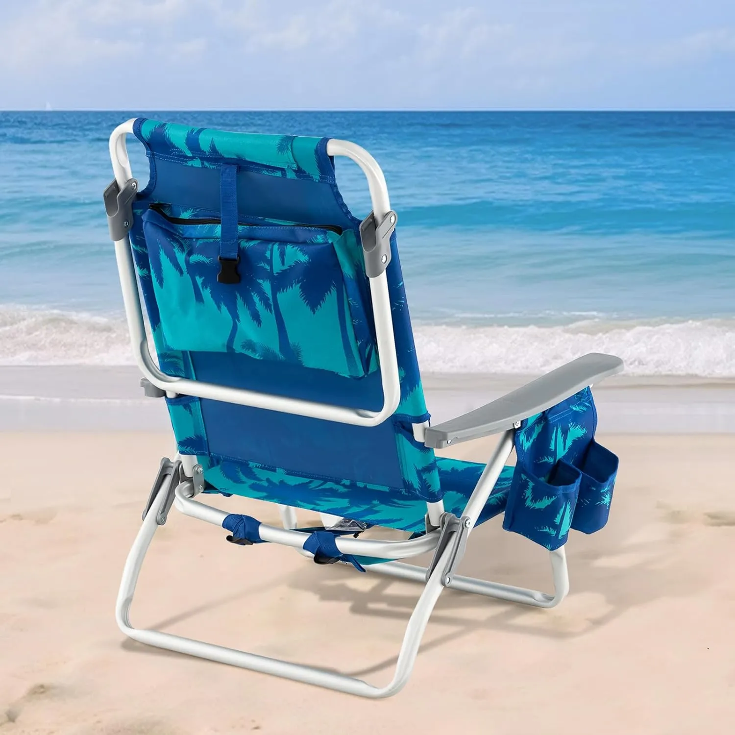 GYMAX Beach Chairs, 2-Pack Backpack Camping Chair with Armrest, Cooler Bag, Cup Holder, Towel Bar & Side Pockets, Sunbath Sling Tanning Lounge, Folding Layout Chair (Without Table, Coconut Tree)