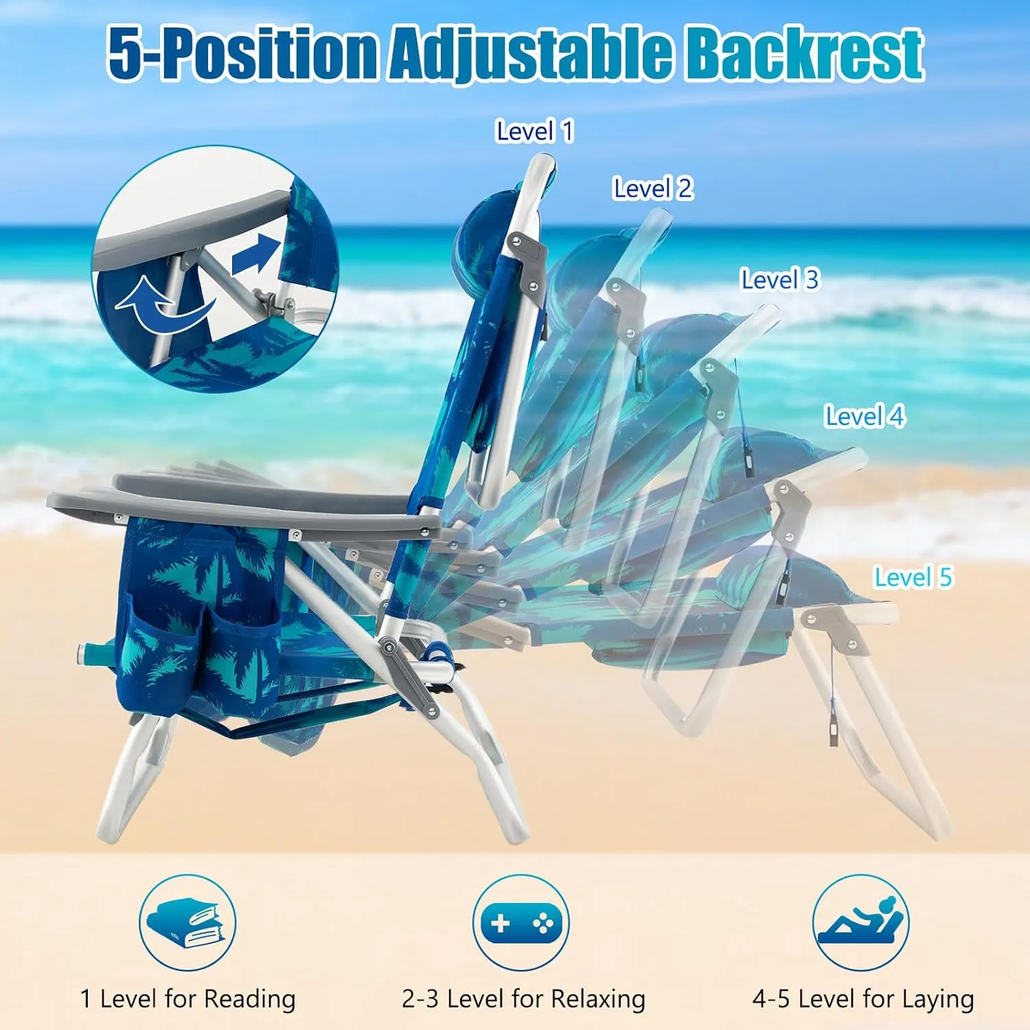 GYMAX Beach Chairs, 2-Pack Backpack Camping Chair with Armrest, Cooler Bag, Cup Holder, Towel Bar & Side Pockets, Sunbath Sling Tanning Lounge, Folding Layout Chair (Without Table, Coconut Tree)