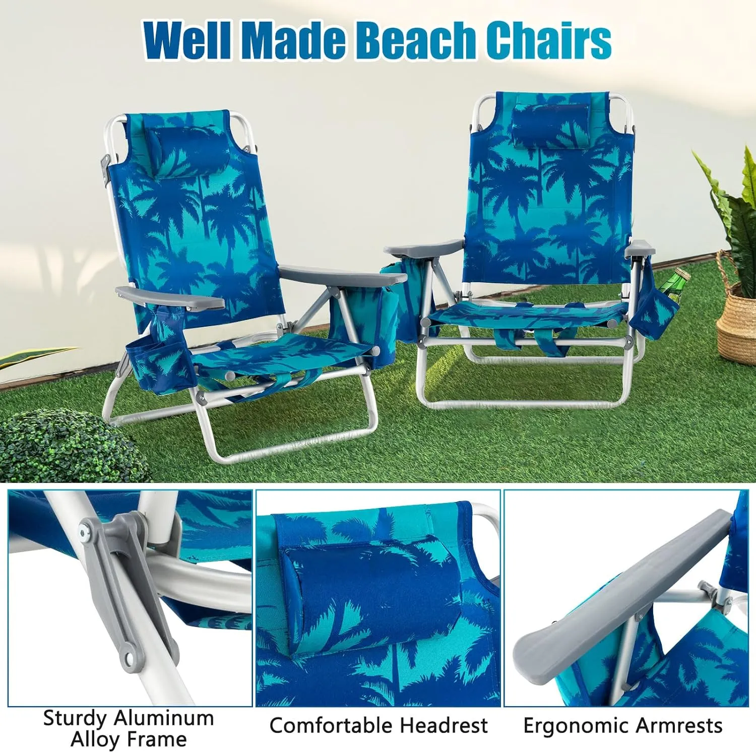 GYMAX Beach Chairs, 2-Pack Backpack Camping Chair with Armrest, Cooler Bag, Cup Holder, Towel Bar & Side Pockets, Sunbath Sling Tanning Lounge, Folding Layout Chair (Without Table, Coconut Tree)