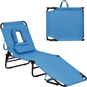 GYMAX Beach Lounge Chair, Sunbathing Chair Patio Lounge Chair Folding Adjustable Recliner with Hole for Face