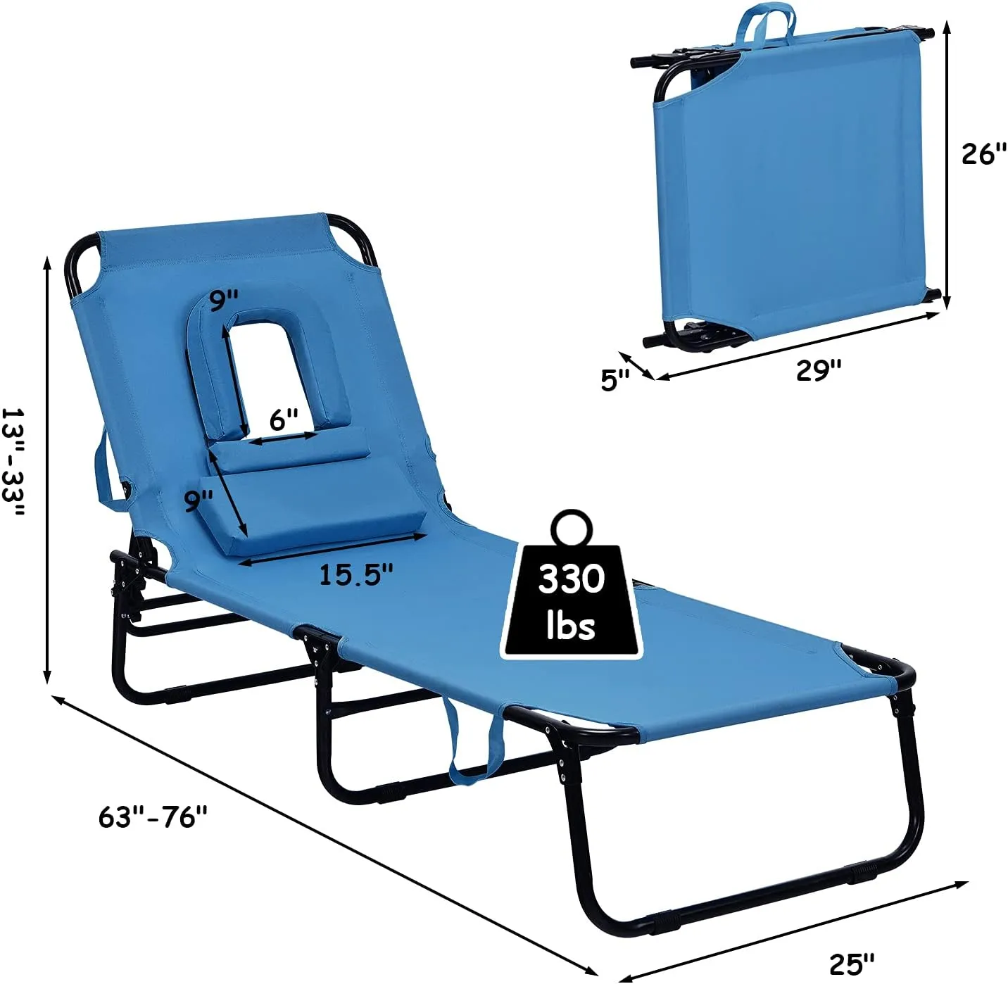 GYMAX Beach Lounge Chair, Sunbathing Chair Patio Lounge Chair Folding Adjustable Recliner with Hole for Face