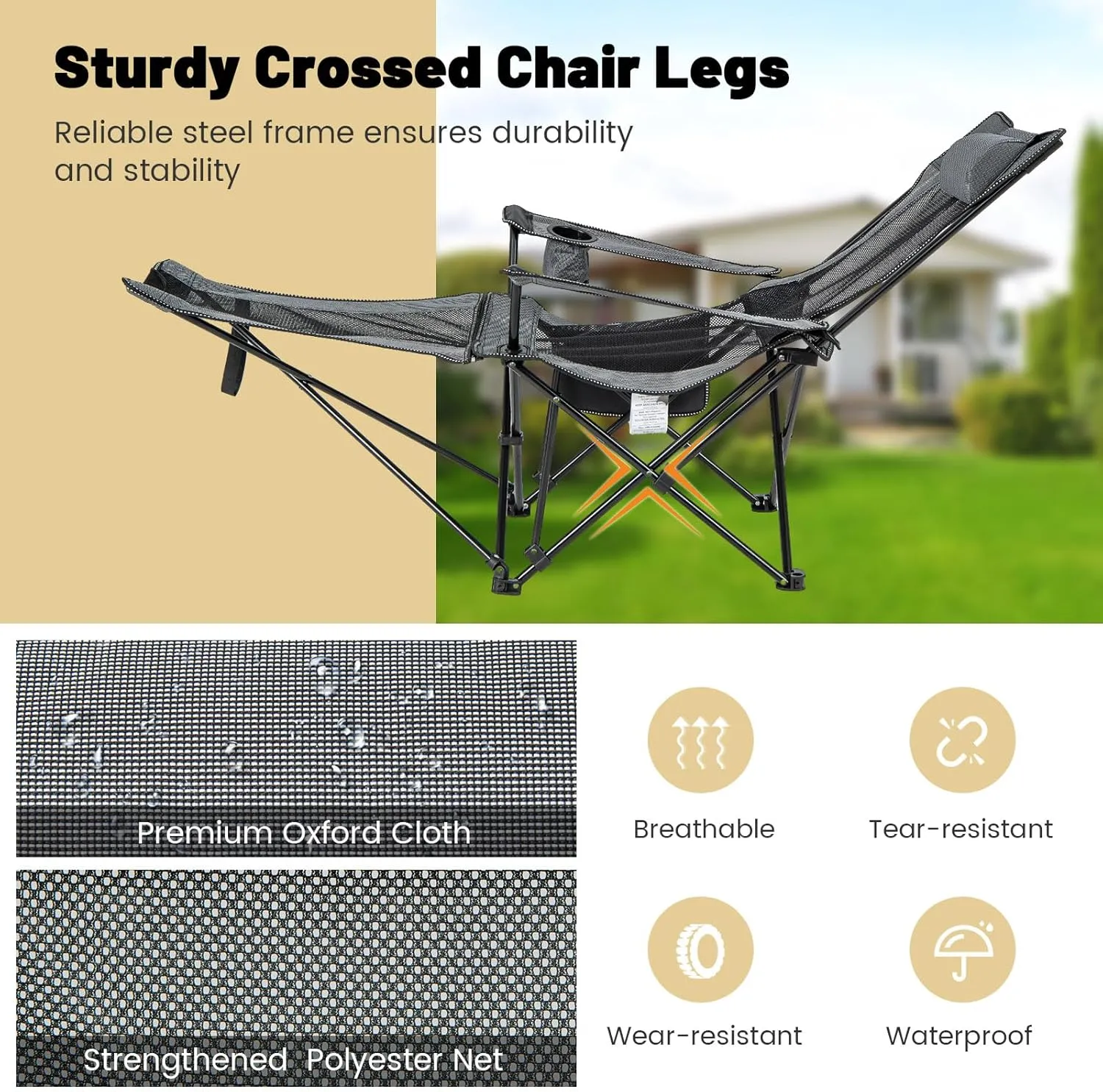 GYMAX Camping Chair, Adjustable Reclining Lounge Chair w/Removable Footrest, Padded Pillow, Cup Holder & Side Pocket, Folding Camping Mesh Chair w/Carry Bag for Outdoor Patio Lakeside (1, Grey)