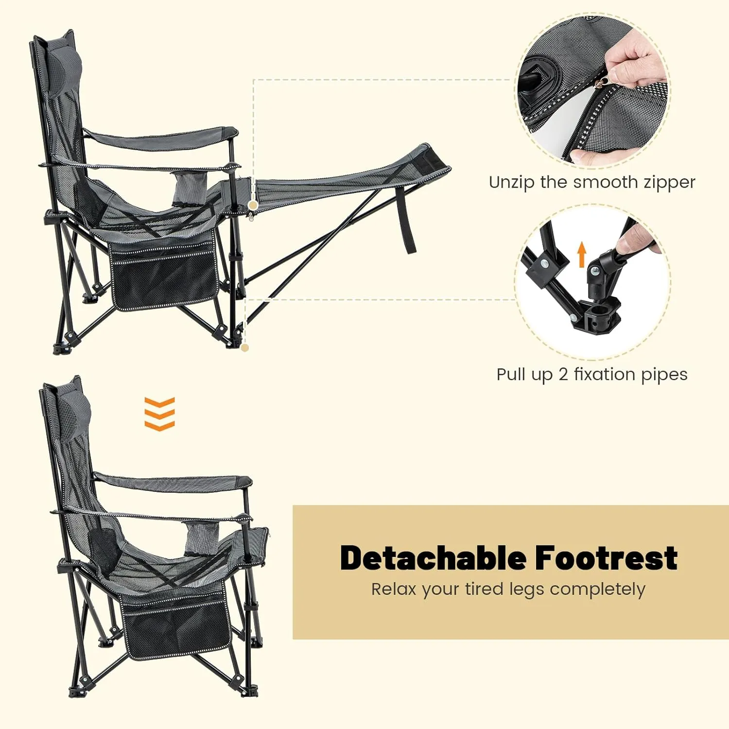 GYMAX Camping Chair, Adjustable Reclining Lounge Chair w/Removable Footrest, Padded Pillow, Cup Holder & Side Pocket, Folding Camping Mesh Chair w/Carry Bag for Outdoor Patio Lakeside (1, Grey)
