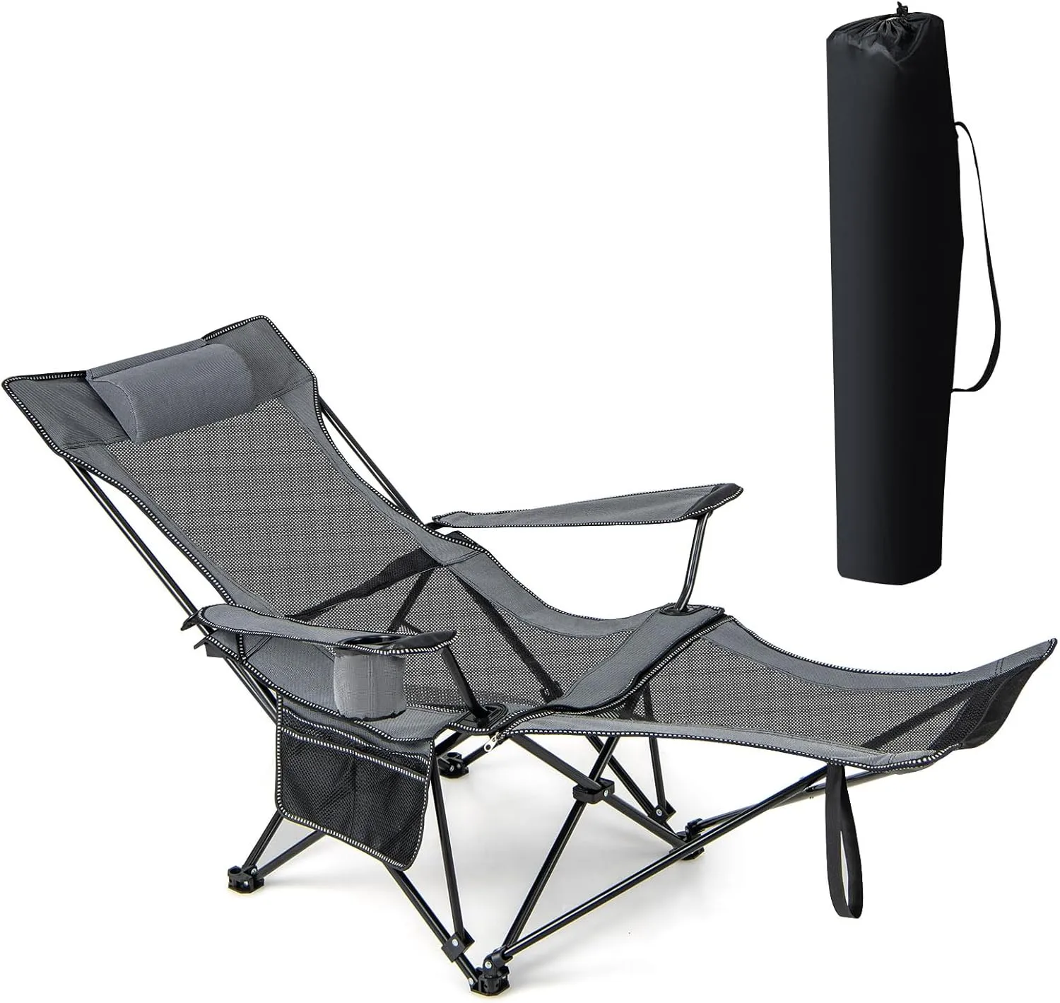 GYMAX Camping Chair, Adjustable Reclining Lounge Chair w/Removable Footrest, Padded Pillow, Cup Holder & Side Pocket, Folding Camping Mesh Chair w/Carry Bag for Outdoor Patio Lakeside (1, Grey)
