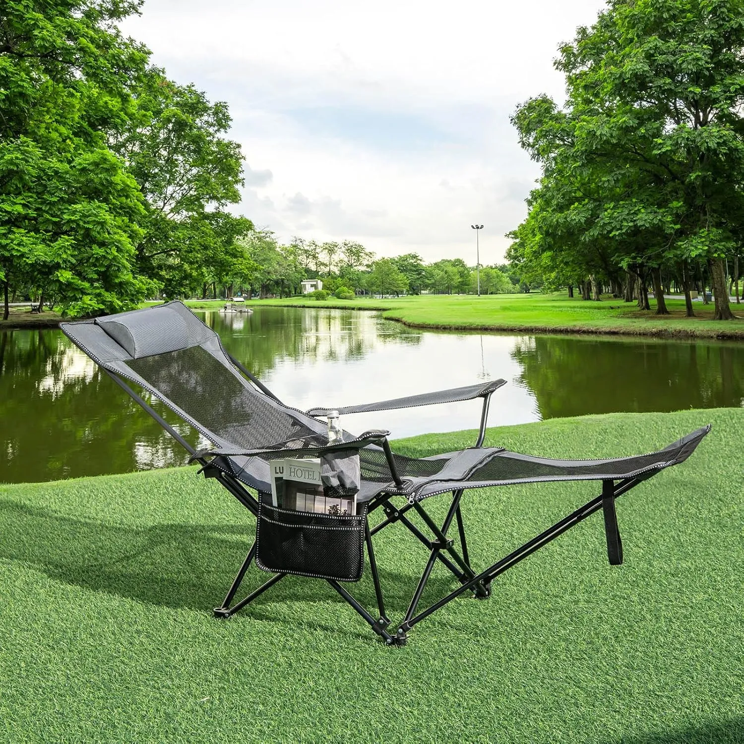 GYMAX Camping Chair, Adjustable Reclining Lounge Chair w/Removable Footrest, Padded Pillow, Cup Holder & Side Pocket, Folding Camping Mesh Chair w/Carry Bag for Outdoor Patio Lakeside (1, Grey)