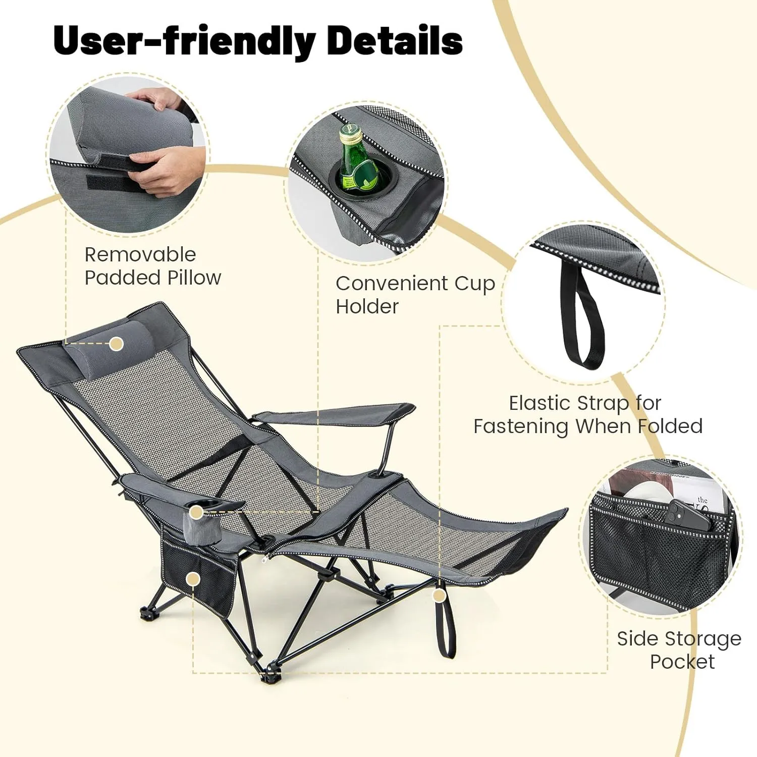 GYMAX Camping Chair, Adjustable Reclining Lounge Chair w/Removable Footrest, Padded Pillow, Cup Holder & Side Pocket, Folding Camping Mesh Chair w/Carry Bag for Outdoor Patio Lakeside (1, Grey)