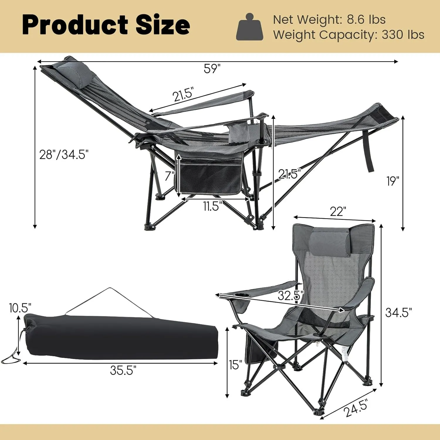 GYMAX Camping Chair, Adjustable Reclining Lounge Chair w/Removable Footrest, Padded Pillow, Cup Holder & Side Pocket, Folding Camping Mesh Chair w/Carry Bag for Outdoor Patio Lakeside (1, Grey)
