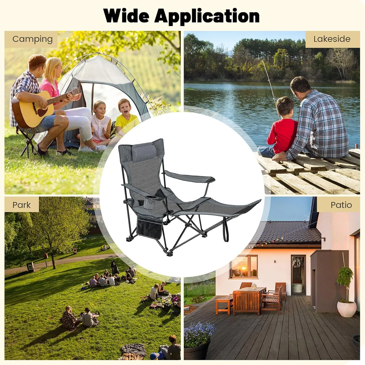 GYMAX Camping Chair, Adjustable Reclining Lounge Chair w/Removable Footrest, Padded Pillow, Cup Holder & Side Pocket, Folding Camping Mesh Chair w/Carry Bag for Outdoor Patio Lakeside (1, Grey)