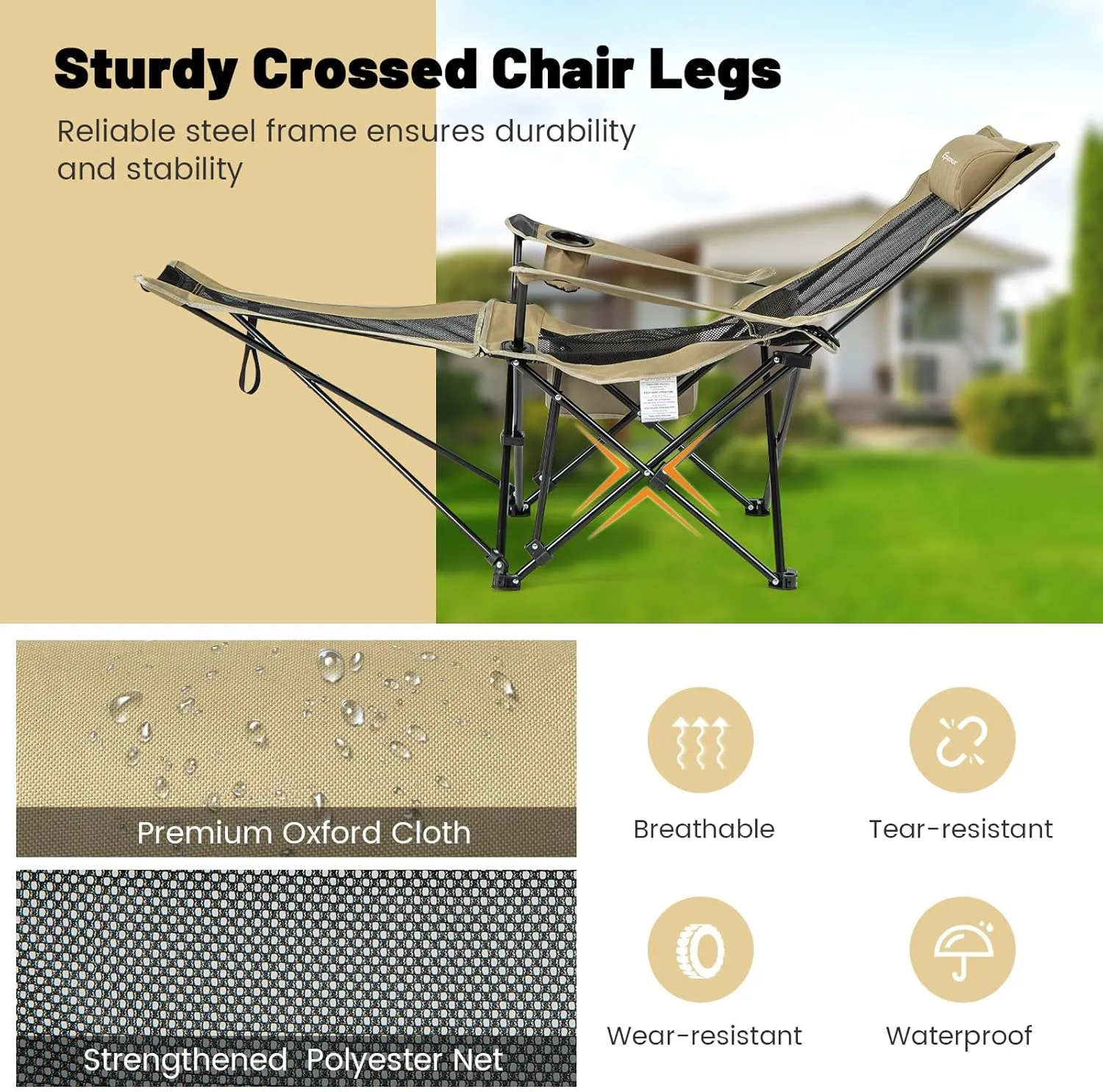 GYMAX Camping Chair, Adjustable Reclining Lounge Chair w/Removable Footrest, Padded Pillow, Cup Holder & Side Pocket, Folding Camping Mesh Chair w/Carry Bag for Outdoor Patio Lakeside (2, Khaki)