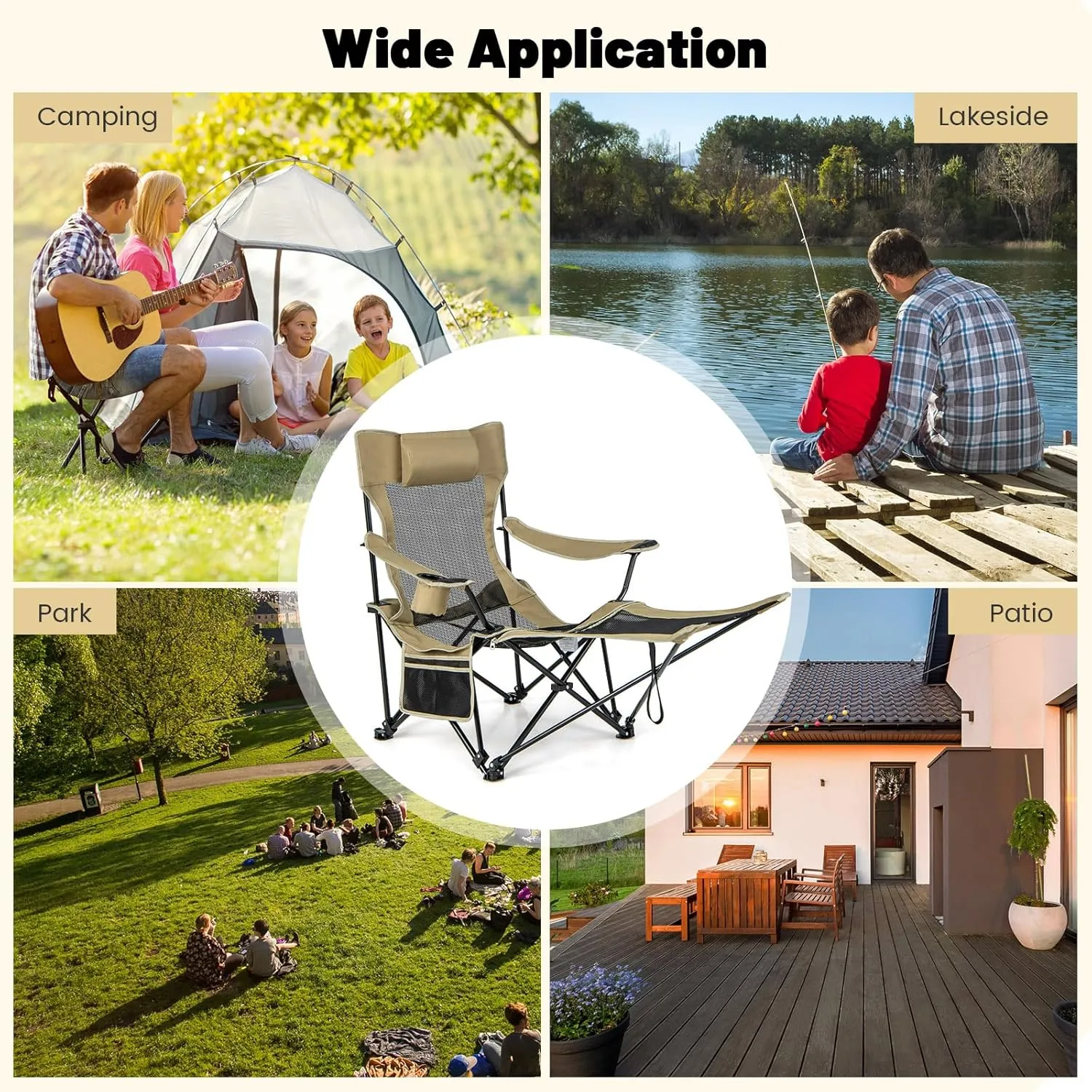 GYMAX Camping Chair, Adjustable Reclining Lounge Chair w/Removable Footrest, Padded Pillow, Cup Holder & Side Pocket, Folding Camping Mesh Chair w/Carry Bag for Outdoor Patio Lakeside (2, Khaki)