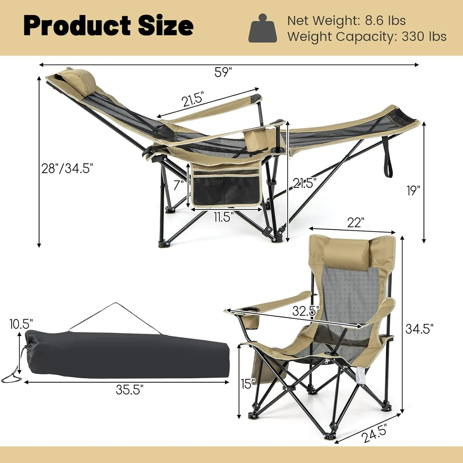 GYMAX Camping Chair, Adjustable Reclining Lounge Chair w/Removable Footrest, Padded Pillow, Cup Holder & Side Pocket, Folding Camping Mesh Chair w/Carry Bag for Outdoor Patio Lakeside (2, Khaki)